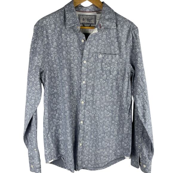 Original Penguin Button Down Gray & White Bowling Ball‎ & Pins Shirt Size Medium - Picture 1 of 9